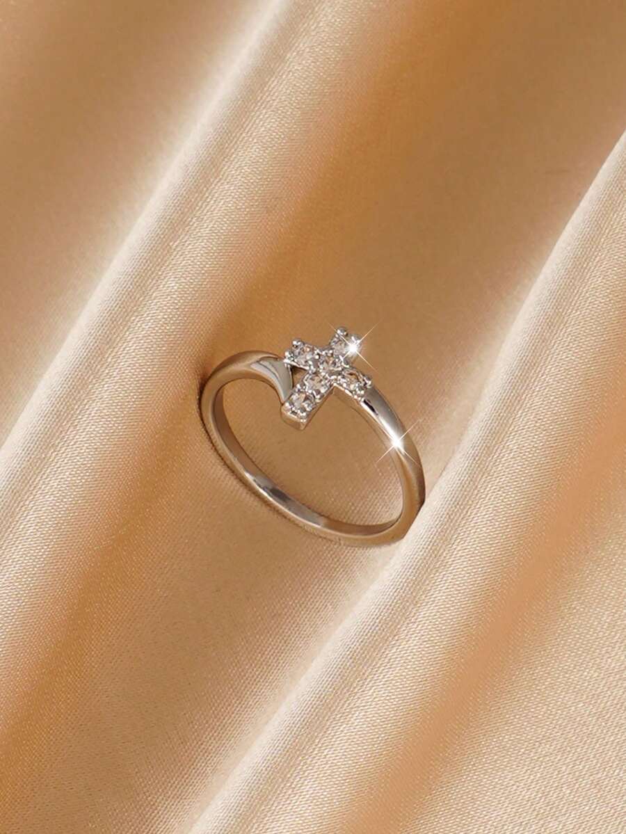 1pc Minimalist Cubic Zirconia Cross Ring, Fashion Copper Jewelry Accessory For Women, Suitable For Daily Wear, Party, Music Festival - Silver - View 1