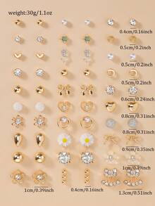 30 Paar modischer Ohrringe Set für Frauen, Gänseblümchen, Herzform, Kunstperle, Strass, verschiedene Stile, geeignet für den täglichen Lässig-Stil, Geschenk für Feiertage - Goldgelb - Übersicht 5