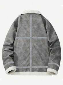 男士休闲宽松PU皮夹克，户外运动抓绒内衬外套，秋冬款 - 灰色 - 查看 3