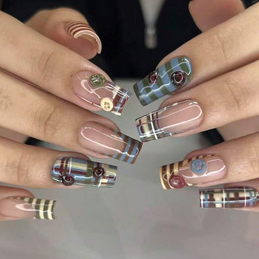 24-Piece Retro French Striped Color-Blocked 3D Three-Dimensional Rubber Ladybug Button Ins Style Wearable False Nails - 藍色RY1-92-0 - 查看 1