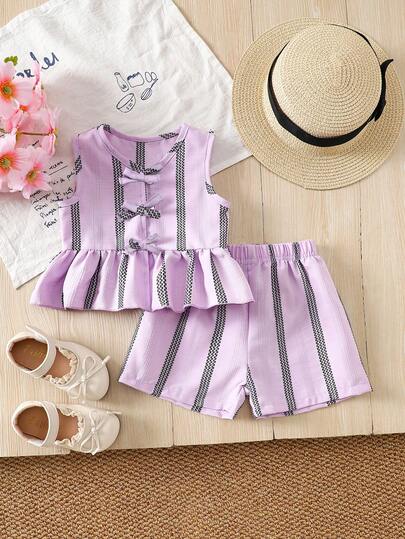 2pcs Baby Girl Casual Bow Striped Top And Striped Shorts Set, Suitable For Spring/Summer Outdoor