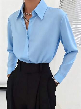 Solid Color Button Down Loose Casual Office Shirt With Drop Shoulder Long Sleeve