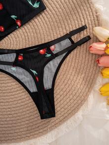 1 套女士纯色樱桃印花舒适内衣套装 - 黑色 - 查看 5