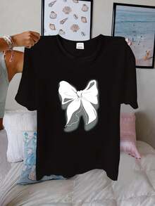 1 camiseta con estampado digital divertido Lazo, blanco, grande, llamativo. 180g, serie clásica, camiseta de manga corta para mujer, 100% algodón, cuello redondo retro casual - Negro - Ver 1