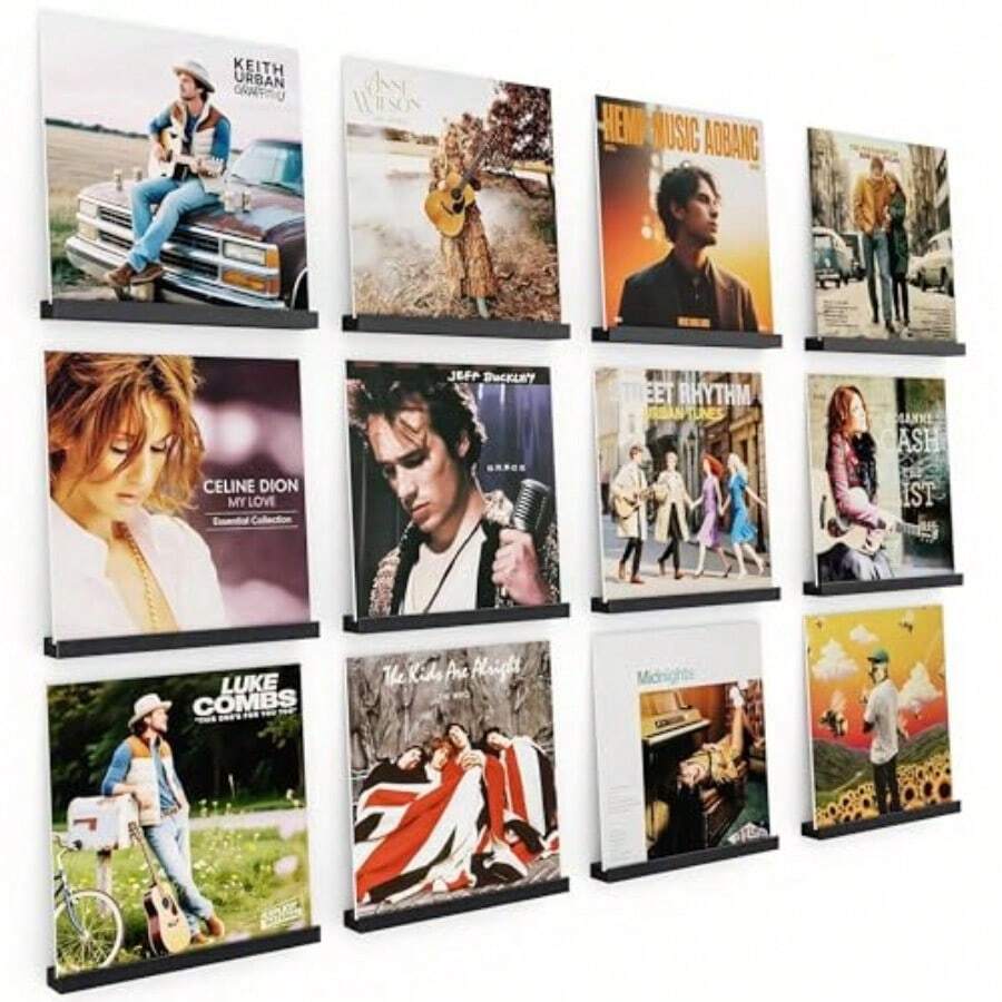 Vinyl Record Shelf Wall Mount 12 Pack Wood 12 Inch Album Record Holder For Vinyls Storage Vinyl Record Display Floating Shelf For Lp Collector Store Home Office Artistic Space Black - 12包 - 查看 1
