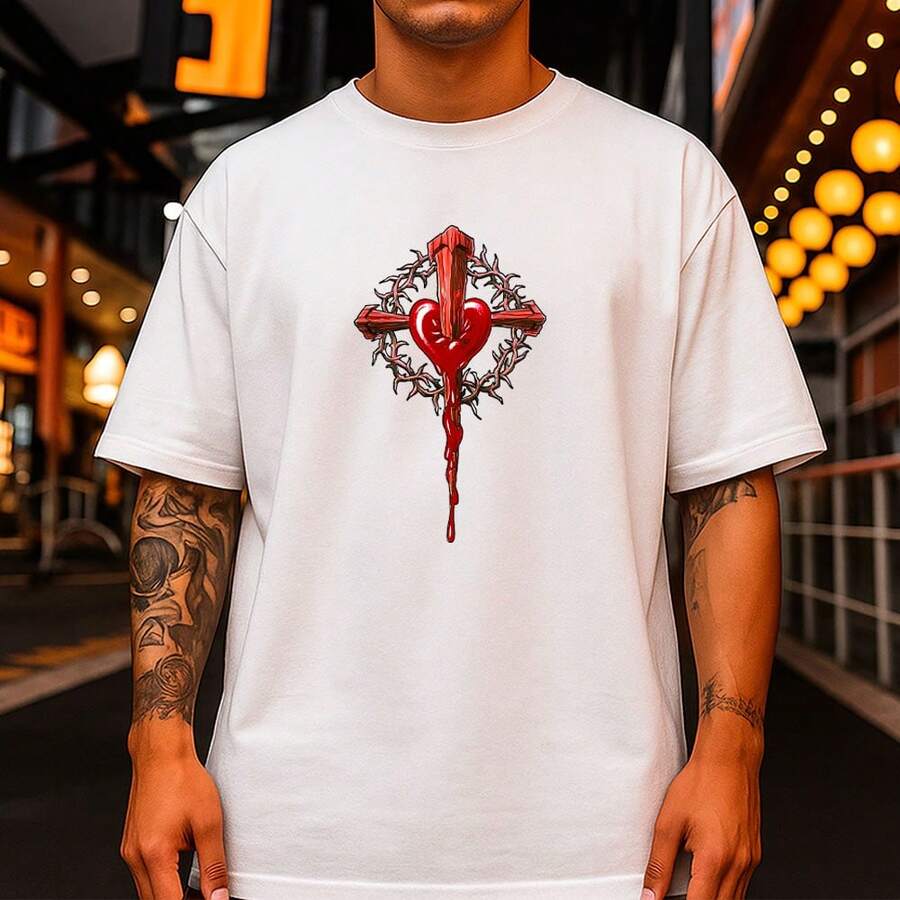 Camiseta Unissex Estampa Cruz Coração Camisa 100% Algodão Envio Rapido - Branco - Visão 1
