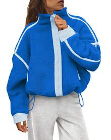 Women's Casual Elegant Blue Polyester Stand Collar Long Sleeve Zippered Drop Shoulder Regular Coat - 藍色 - 查看 8