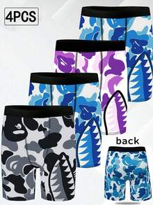 四件套男士内裤，迷彩鲨鱼齿印花长款平角裤，运动速干平角内裤，时尚印花男士内裤，家居男士加大码平角内裤，高弹舒适男士长款平角短裤，男士创新内裤，老公惊喜礼物，男友圣诞礼物，平角裤，万圣节男友礼物 - 彩色 - 查看 1