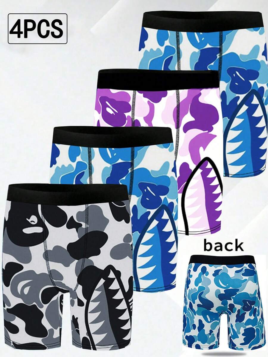 四件套男士内裤，迷彩鲨鱼齿印花长款平角裤，运动速干平角内裤，时尚印花男士内裤，家居男士加大码平角内裤，高弹舒适男士长款平角短裤，男士创新内裤，老公惊喜礼物，男友圣诞礼物，平角裤，万圣节男友礼物 - 彩色 - 查看 1