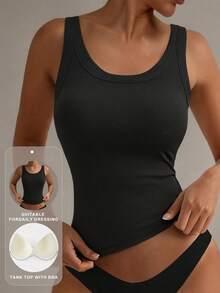 1 pieza Top de sujetador casual para mujer - Camiseta de punto de estiramiento medio adecuada para todas las estaciones - Negro - Ver 1