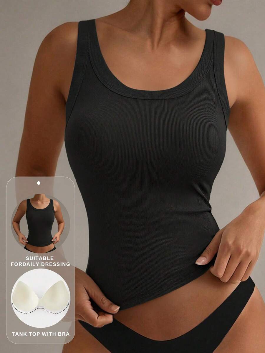 1 pieza Top de sujetador casual para mujer - Camiseta de punto de estiramiento medio adecuada para todas las estaciones - Negro - Ver 1