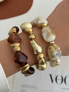 3 pièces Bracelet en résine acrylique marron vintage multicouche, bracelet CCB asymétrique surdimensionné, set de bracelets empilables, convient pour les femmes, les couples, les fêtes, les vacances, le port quotidien - Multicolore - Voir 16
