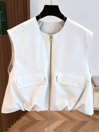 Women's Sleeveless Cropped Vest, Fresh Solid Color Bubble Hem, Zipper Round Neck, Fashion Versatile For Autumn