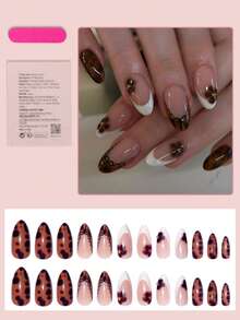24片中号杏仁形美甲贴纸，尖头豹纹法式美甲，复古花卉图案，金色珠饰点缀，复古风格，适合女性和女孩，秋冬季日常佩戴 - 彩色 - 查看 2