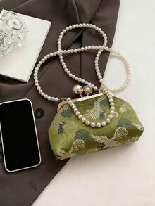 全新复古绿色面料仿珍珠链条手拿包，女士百搭单肩手提包，适合派对和日常使用