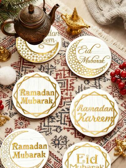 6/1pc Wooden Coasters With Golden Ramadan Kareem, Ramadan Mubarak, Eid Mubarak Lettering, Golden Moon And Sun Coasters, Used As Table Decorations For Eid Al Adha And Ramadan, Beverage Coasters, Wine Cup Coasters, Decorations, Ramadan Decoration Supplies, Festival And Party Supplies