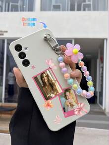 1pc Customizable TPU Phone Case With Floral Print Background, And 1pc Pink Flower Beaded Bracelet, Customized Phone Case, Anniversary Gift, Valentine's Day Gift, Birthday Gift, Wedding Gift, Best Friend Gift, Gift For Mom/Dad, Compatible With Apple/Android Phones - Multicolor - View 3