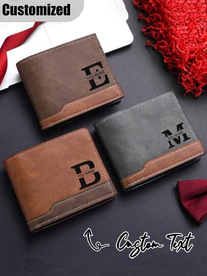 Customized Men's Solid Color Short Wallet Letter Print PU Leather Material Laser Engraved Matte PU Minimalist Bifold Multi-Card Wallet Personalized Gift For Brother Father Boyfriend For Men Wallet Mini Wallet Purse Wallet Men Wallet Leather Small Wallet
