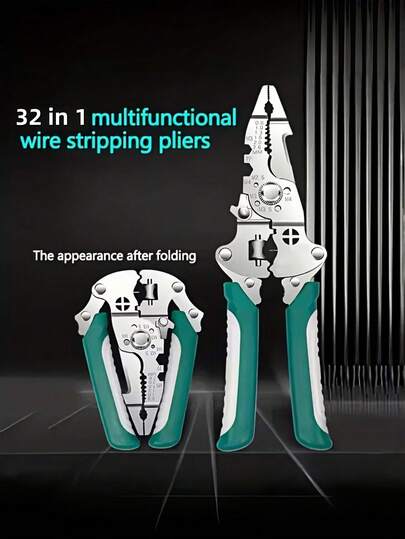 1pc 32-In-1 Multi-Functional Foldable Heavy-Duty Stainless Steel Wire Stripper And Crimping Tool - Electrician's Wire Stripping And Crimping Pliers, Foldable Design, Ergonomic Handle, Pipe Clamp, Cutting And Twisting, Pipe, Crimping, Wire Stripper, Home Improvement, Essential Household Tool, Electrician's Wire Stripper.
