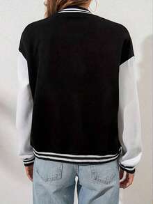 1 Pc Teen Girls Loose Fashionable Outdoor Sports Casual Fleece Baseball Jacket, Versatile Autumn/Winter - Black - View 2