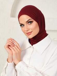 1件装女士经典简约亲肤长边魔术贴两用速戴围巾运动头巾，时尚休闲端庄莫代尔丝滑柔软阿拉伯迪拜土耳其穆斯林纯色运动头巾帽针织帽，适合日常生活、节日、聚会、礼拜、祈祷。 - 酒紅色 - 查看 3