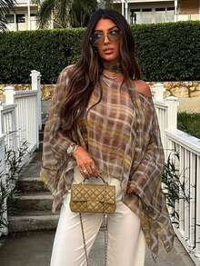 HH Chic Women's Round Neck Batwing Plaid Scarf Poncho, Elegant Women Clothing - Lattice - View 2