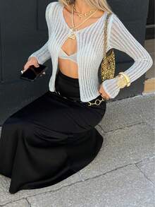 Women's Casual Solid Color Hollow Out Knit Cardigan - White - View 6