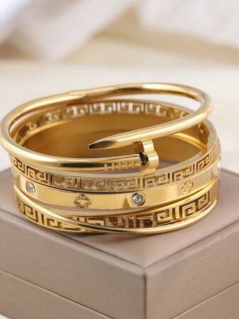 4 piezas/1 pieza Brazalete vintage de acero inoxidable dorado con diseño hueco para mujeres, adecuado para uso diario, accesorios de fiesta, regalo para amigos, pulsera multicapa