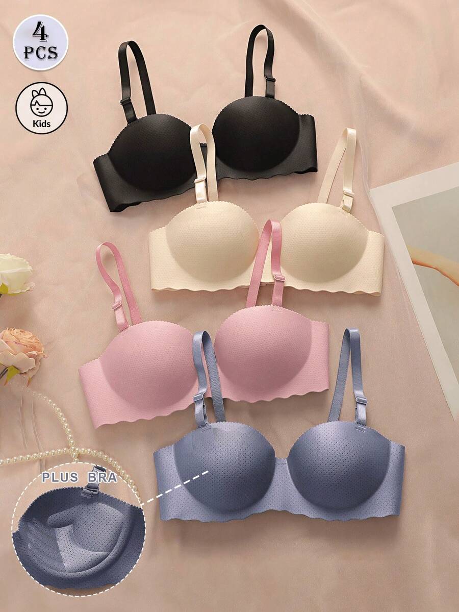 4件套无缝加厚文胸，适合13-15岁少女穿着，纯色。