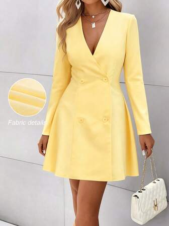 女士新款休闲优雅纯色长袖 V 领短款连衣裙 - 秋冬季，适合商务休闲、节日派对和购物