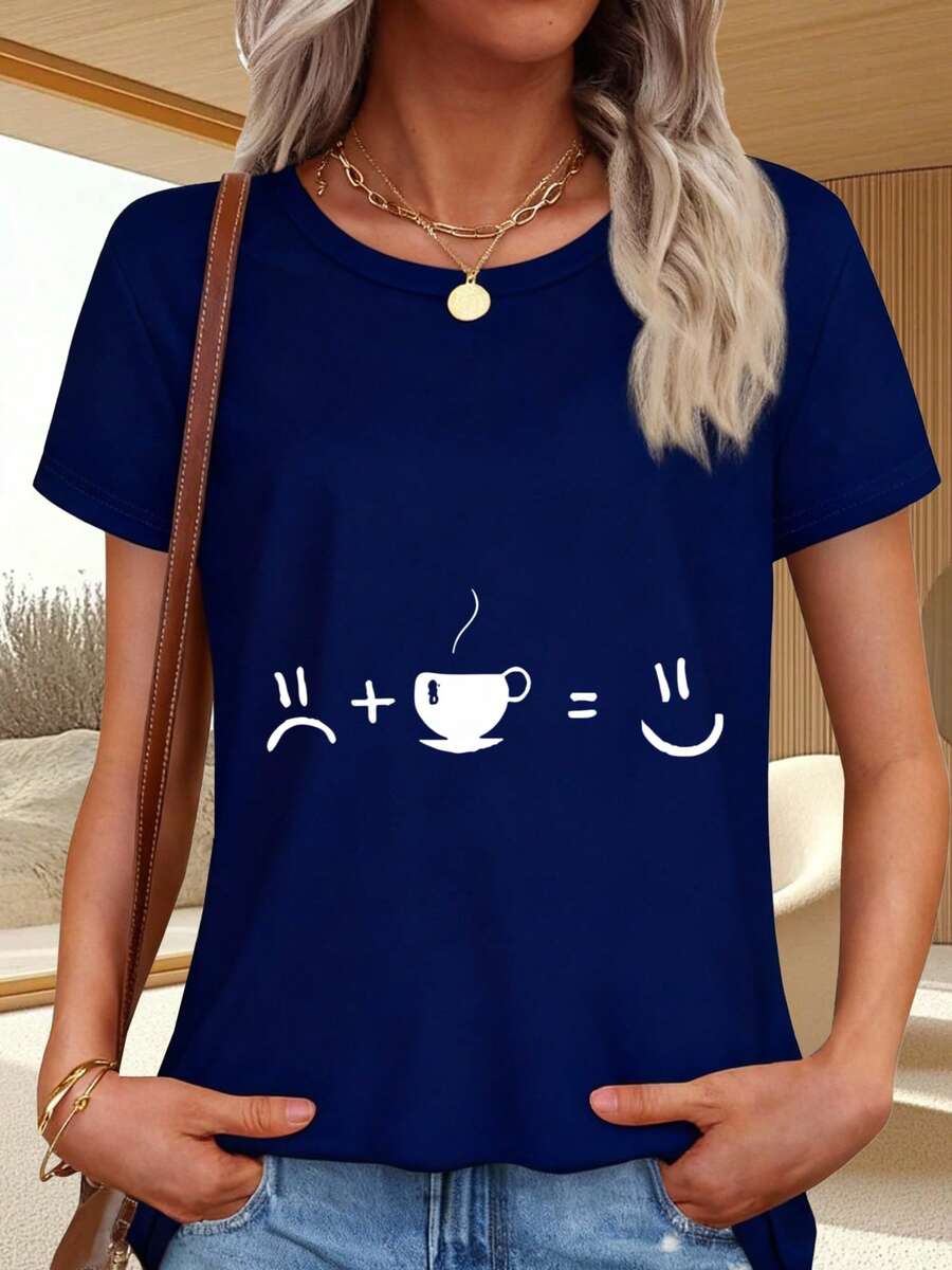 Everyday T-Shirt With Coffee Cup And  Print - Navy Blue - View 1