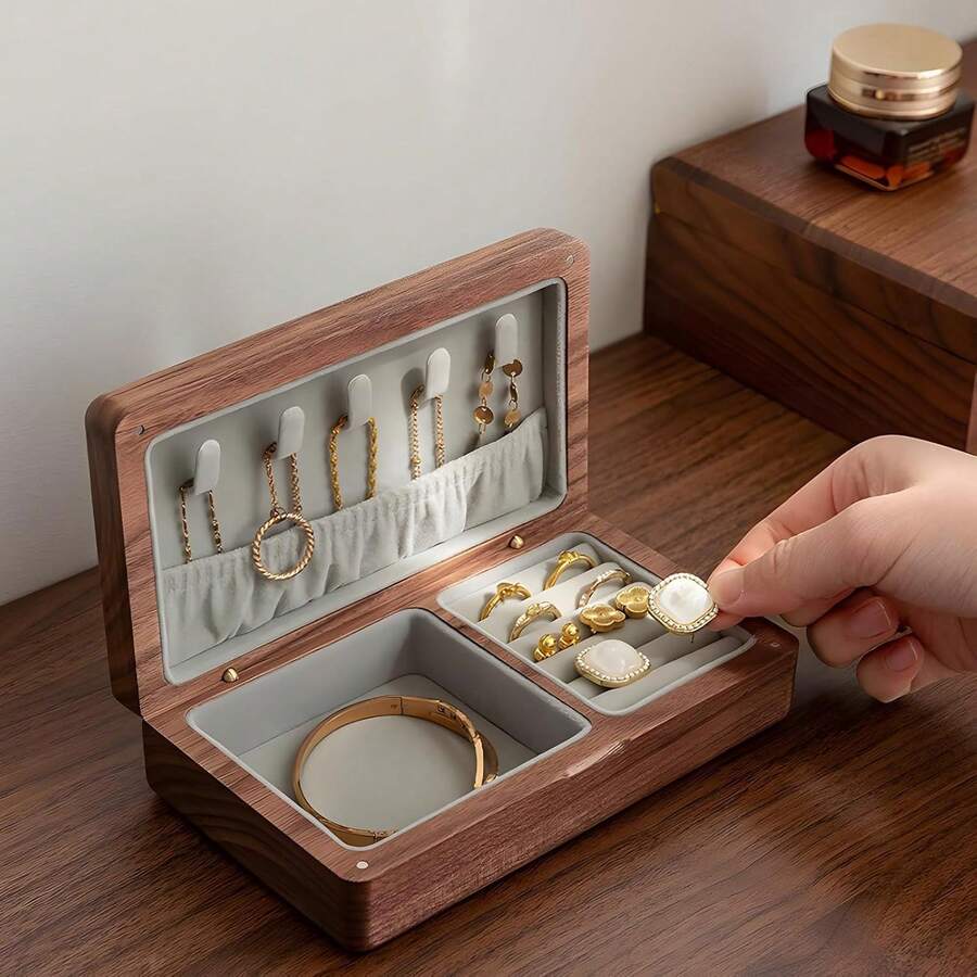 Small Wooden Jewelry Box, Vintage Delicate Walnut Wood Jewelry Case, Ideal Gift For Man Women, Protable Travel Jewelry Organizer - Xám nhỏ - Xem 1