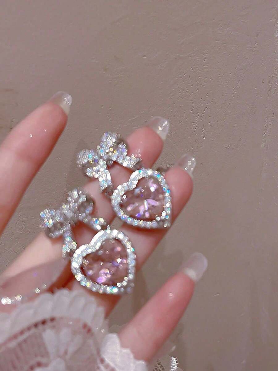 1 Pair Pink Crystal Heart Earrings, Rhinestone Bow Cute & Sweet Earrings For Women, Luxury Gift Suitable For Girlfriend Or Mother - Love - View 1