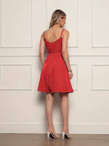 Women's Short Dress With Thin Straps, Plain, With Crepe Fabric Drawstring, Various Colors. - Đỏ - Xem 3