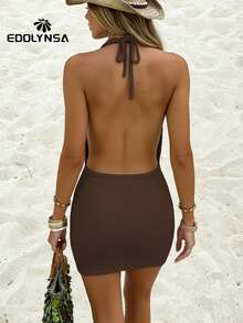 Solid Colour Sexy Stacked V Neck Backless Knit Mini Dress 2025 Women Summer Sleeveless Beach Cover Up Vacation Outfit - Brown - View 3