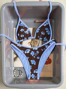 Women's Floral Print Bikini & Beach Outfit Set, Summer Vacation Swimsuit & Beach Wear - Blue Coffee - View 5