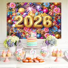 优雅的 2026 新年庆祝背景幕布，饰有金色气球、烟花和花卉图案 - 浅粉色/蓝色/紫色/金色/桃色派对装饰，中心装饰有数字 2026 - 室内/横幅，适用于婚礼、生日、新年、情人节、春/夏/秋季活动，有多种尺寸可供选择。 - 彩色 - 查看 9