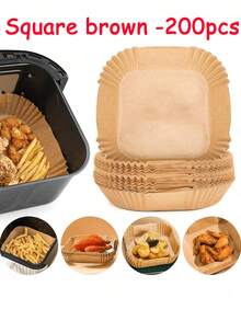 200张空气炸锅纸，内衬耐油防水空气炸锅纸篮碗，内衬6英寸100/50/25纸质空气炸锅衬垫，6英寸不粘方形烘焙纸，食用硅油纸，烤箱烧烤吸油纸，可重复使用，兼容大多数空气炸锅，情人节礼物，生日礼物，也是一份很棒的厨房礼物。