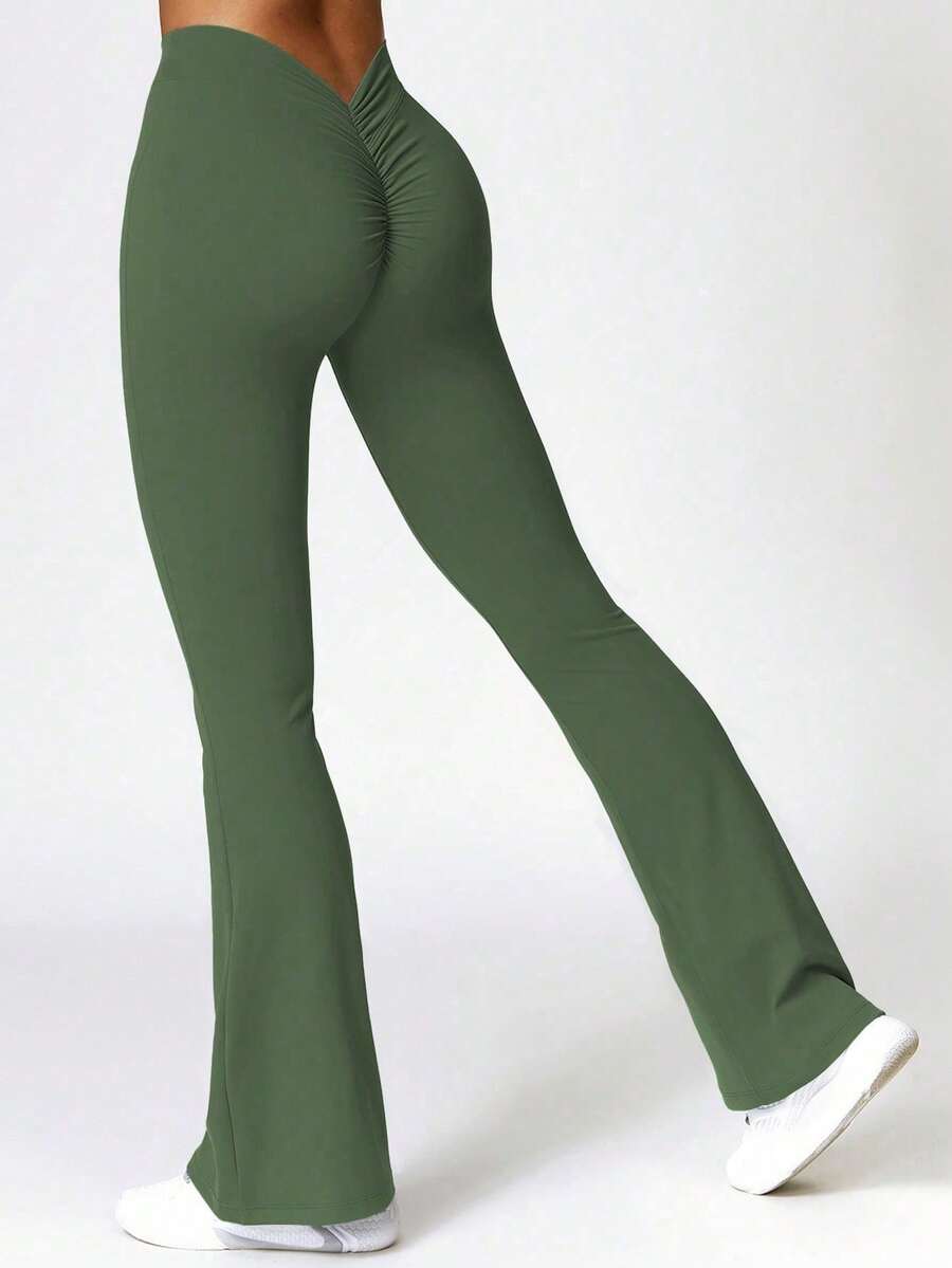 سروال يوجا بلون أساسي ذو رقبة على شكل V مثير، سروال يوجا رافع للأرداف للتمارين الرياضية في النادي، للنساء - أخضر عسكري - مشاهدة 1