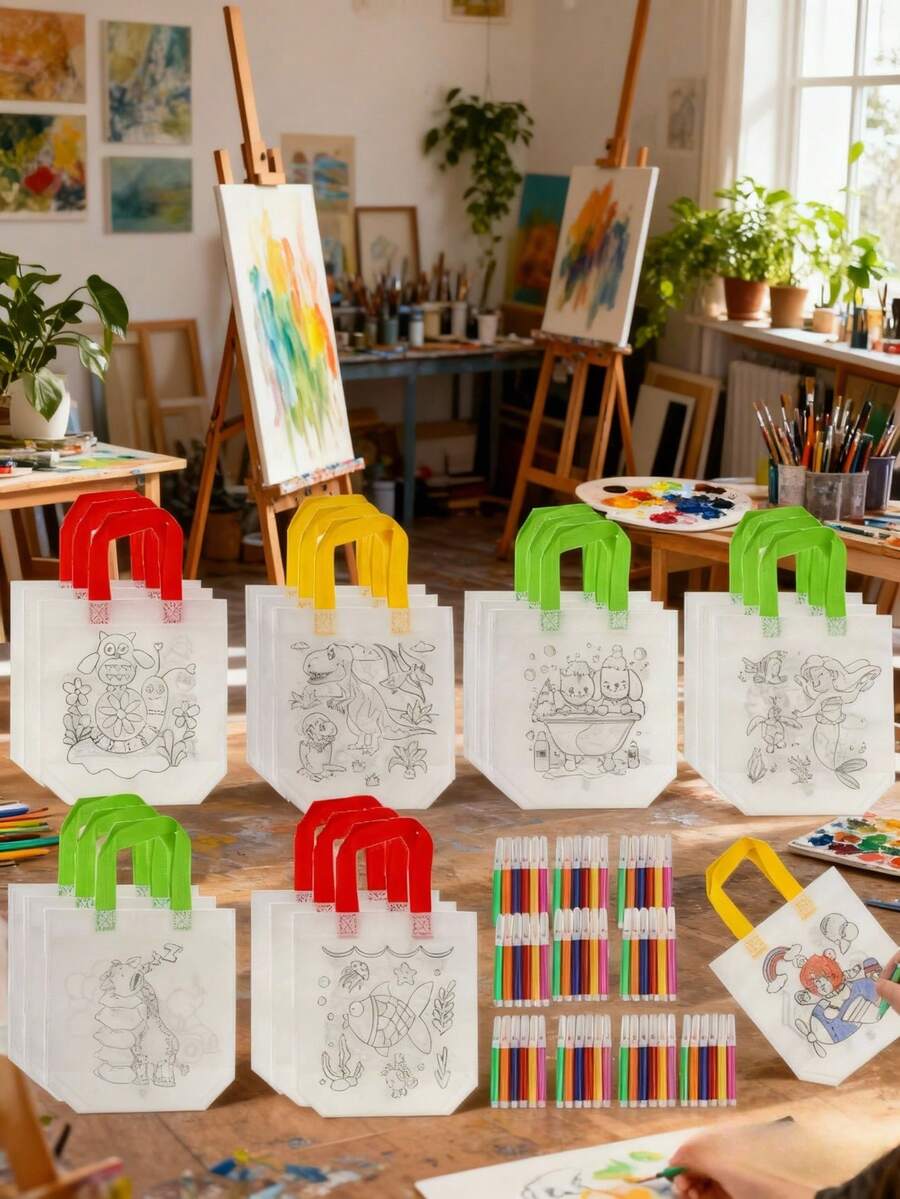 Kit de 30 Bolsas para Colorear con 60 Marcadores para Niños, Bolsas de Tela No Tejidas Reutilizables para Fiestas, Cumpleaños y Navidad, Divertido Juego de Arte DIY para Regalos - Multicolor - Ver 1