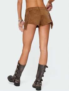 Women's Faux Suede Fringe Mini Shorts Low Rise Tassel Party Club Micro Shorts Western Cowgirl Outfit Streetwear - 卡其色 - 查看 3