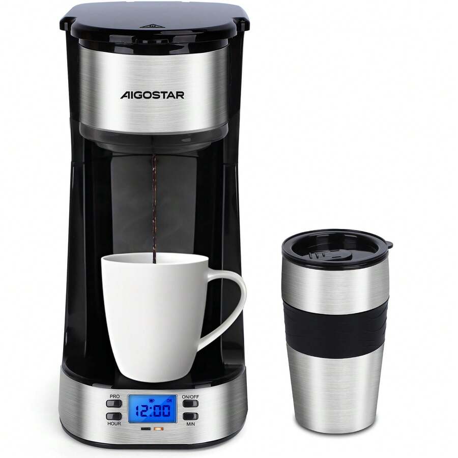 Aigostar Kaffeemaschine mit Thermobecher, 420 ml Filterkaffeemaschine Mit 24h-Timer, LCD-Anzeige, AutoClean-Funktion, Tragbare klein Kaffeemaschine für gemahlenen Kaffee, 700W, Schwarz