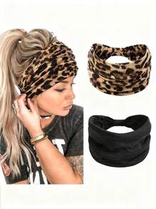 Diadema de mujer estilo bohemio con estampado de leopardo antideslizante, suave y cómoda, de unicolor, adecuada para yoga, deportes, correr y uso diario. Diadema duradera con diseño de nudo, entrega de color/estilo aleatorio. Accesorios para el cabello de moda para el invierno - Negro - Ver 1