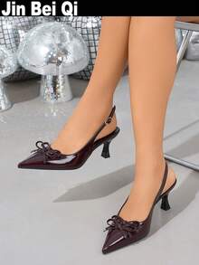 Jin Bei Qi Sandalias de tacón de aguja con decoración de lazo, estilo minimalista de alta gama para mujer. Zapatos elegantes, lujosos, de moda y sexy para fiestas, banquetes y eventos formales, color rojo vino.