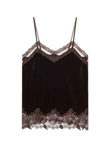 优雅女士复古缎面蕾丝天鹅绒性感吊带露背短款上衣夏季 - 咖啡棕 - 查看 3