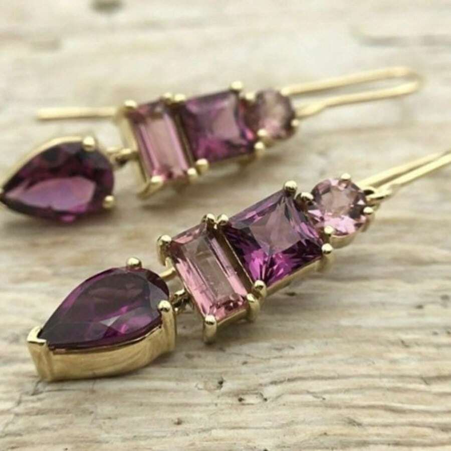 Elegant Minimalist Geometric Pendant Earrings, Paired With Purple Synthetic Cubic Zirconia, Teardrop Earrings, Romantic & Elegant Jewelry For Women On Holidays And Formal Occasions - Gold - View 1