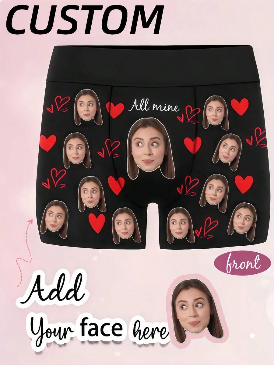 1pc Customized Face & "All Mine" Print Black Personalized Sexy Briefs, Romantic Style Boxer Briefs, Valentine's Day Gift For Men - Multicolor - View 1