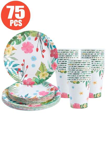 25pcs White Background Green Leaf Red Flower Disposable Plates And Cups, Party Supplies Suitable For 25 Guests, Disposable Paper Plates And Cups For Birthday, Wedding, Party, Family Picnic