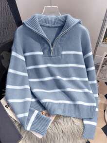女士条纹休闲拉链宽松针织衫，翻领，长袖 - 藍色 - 查看 4
