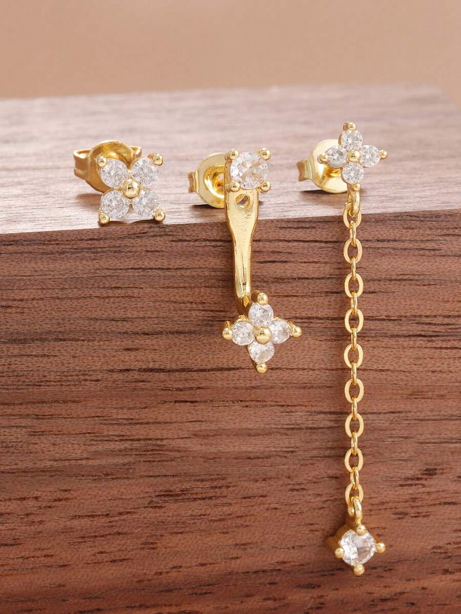 3PCS For One Side Ear Fashion Orange Blue Zirconia Hanging Earrings Set For Women Stainless Steel Flower Dangle Earring Piercing Jewelry - Gold-10# - View 1